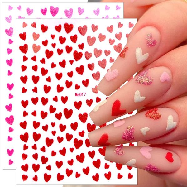 10 Sheets Heart Nail Stickers Glitter Shiny Love Nail Decals 3D Self Adhesive Nail Art Stickers Glitter Powder Effect Valentine's Day Hearts Designs DIY Valentines Manicure Decorations Accessories