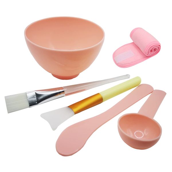 WAZXIQN Face Mask Mixing Bowl Set, DIY Silicone Facemask Mixing Tool Kit, Include Facial Mask Mixing Bowl Stick Spatula Silicone Cream Mask Brushes and Makeup Headband, 6PCS Pink