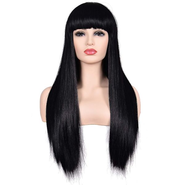 morvally Women's 26" Long Straight Black Synthetic Resistant Hair Wigs with Bangs Natural Looking Wig for Women Halloween Cosplay