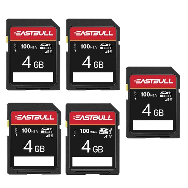 EASTBULL 5-Pack of SD Card 4GB Class 10 SD Card U1 V30 High-Speed 100MB/s Read SDHC Memory Card 5-Pack for Camera, Full HD Video, with 5 Mini Cases (4 GB, 5 Pack)