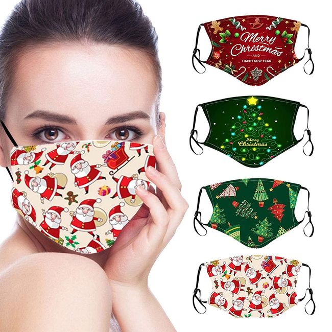 Christmas Face_Masks for Adults Women Cotton Face Cover Xmas Face Balaclavas Christmas Cute Printed Design Facial Shield Santa Claus Snowflakes Snowman Reindeer Gnome Elf Tree Face Protection 4 PCS