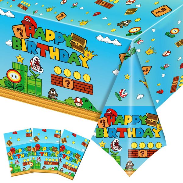 BACOKEY 3 PCS Ma-ri Party Tablecloth, Plastic Disposable Video Games Table Cover for Video Games Birthday Party Decorations Supplies, 108in x 54in