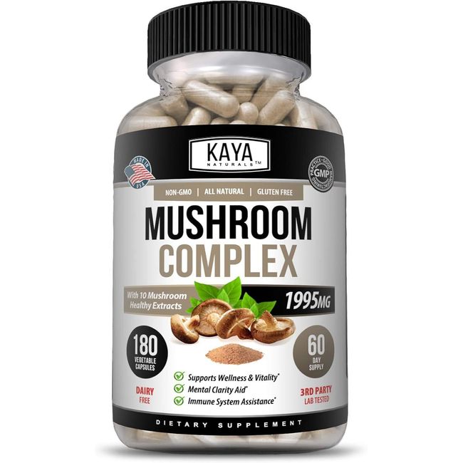 Kaya Naturals Premium Mushroom Complex Potent | Organic 180 Count (Pack of 1)