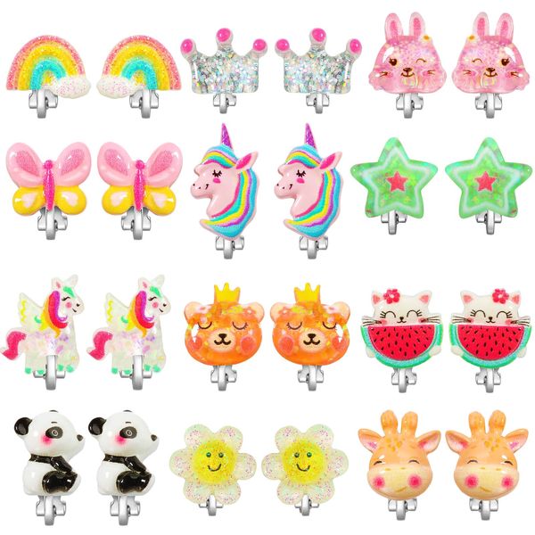 powerking Clip On Earrings for Girls Kids 12 Pairs Toddler Earrings Kawaii Ladybug Unicorn Rainbow Princess Earrings Girl Gift