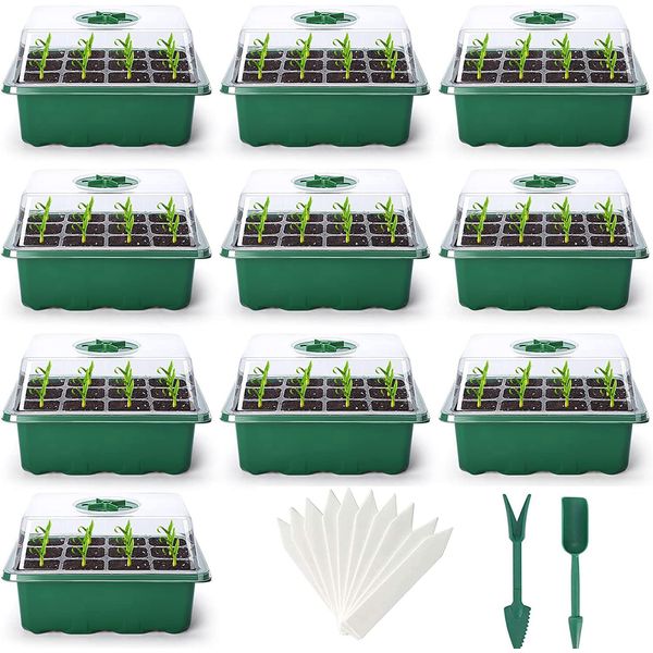 Seedling Pot, Set of 10, Seedling Tray, Seeding Box, 12 Holes, Seed Tray, Germination Seedling Set, Seedling House, Seedling Box, Seedling Box, Transparent Cover, Convenient, Breathable, Vegetable