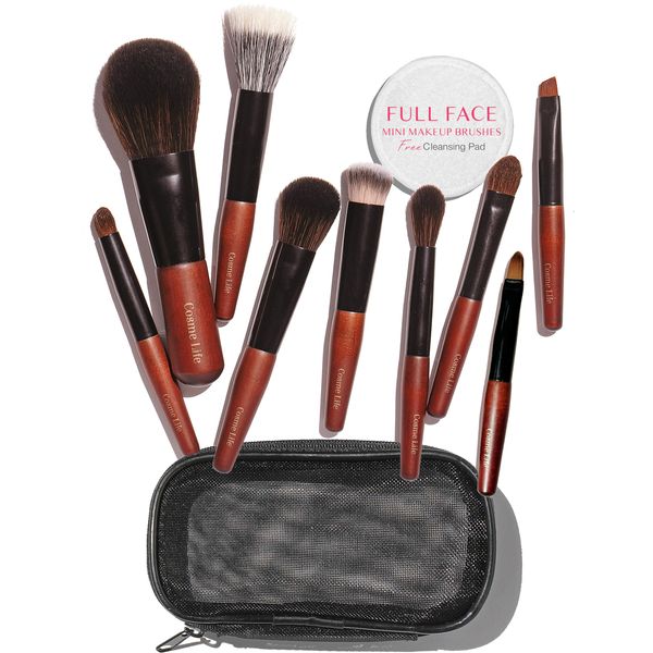 Cosme 9 FULL FACE MINI TRAVEL Make Up Brush Set: Natural Coverage Makeup Brushes Set & Brush Case. Travel Makeup Brushes in Synthetic & Natural Hair Make up Brush inspired by Japanese Makeup Brushes