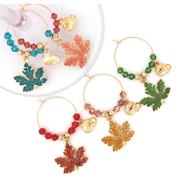 Thanksgiving Wine Charms, Halloween Wine Charms, Fall Leaf Wine Charms, Glass Tag Identifiers, Halloween Wine Charms, Halloween and Thanksgiving Glass Markers (Maple Leaf Enamel - Pumkins 5-Pack Set)