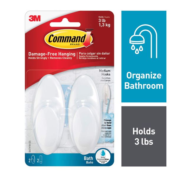Command BATH18-ES 2 Strips Medium Bath Hook, 2 Hooks by Command