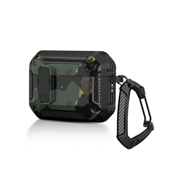 AirPods Pro 2nd Generation Case Cover 2022 with Lock Lid and Keychain Hook, Double Layer Dustproof Shock Resistant Rugged Case (Camo Green)