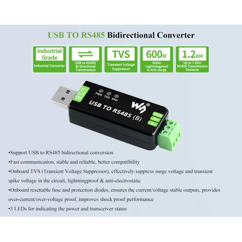Wonrabai Industrial USB to RS485 Bidirectional Converter with Original CH343G, Multi-Protection Circuits, Supports Linux, Android, Wince, Win11/10/8.1/8/7/XP, etc.