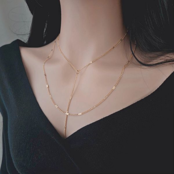 Gold Y-drop Layered Necklace / 14K Gold Plated Chain Drop Luxury Style Luxury Necklace Sexy V-neck Frayed Clothes Party Look Afave AFAVE CH1046N