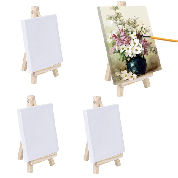 YUYEJIAYE 4 Pack Small Easels with Canvas Adjustable Mini Wooden Artist Triangle Easels Small Tabletop Art Display Easels for Craft Oil Acrylic Painting & Drawing Artis