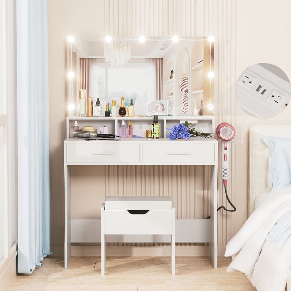 Vabches Makeup Vanity with Lighted Mirror & Outlet Charging Station, White Vanity Set Makeup Table, 3 Lighting Colors, Brightness Adjustable, 31.5in(W)