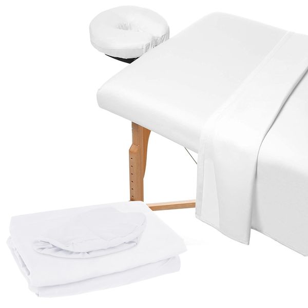 OUGPIU 3PCS Microfiber Massage Table Sheet Set,Beauty Massage Bed Cover Polyester Fibre Massage Couch Cover,Premium Facial Bed Cover,Includes Flat,Fitted Sheets and Face Cradle Cover (White)