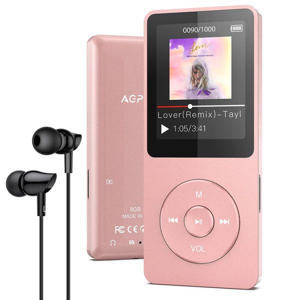 AGPTEK A02ST MP3 Player, Bluetooth 5.3, Walkman, HIFI, Built-in 16 GB SD Card Support, 40 Hours Long Playback Time, Lightweight, Compact, FM Radio, Direct Recording, Easy Operation, Small, Suitable for Commuting, Running, Yoga, Language Learning, Earphone