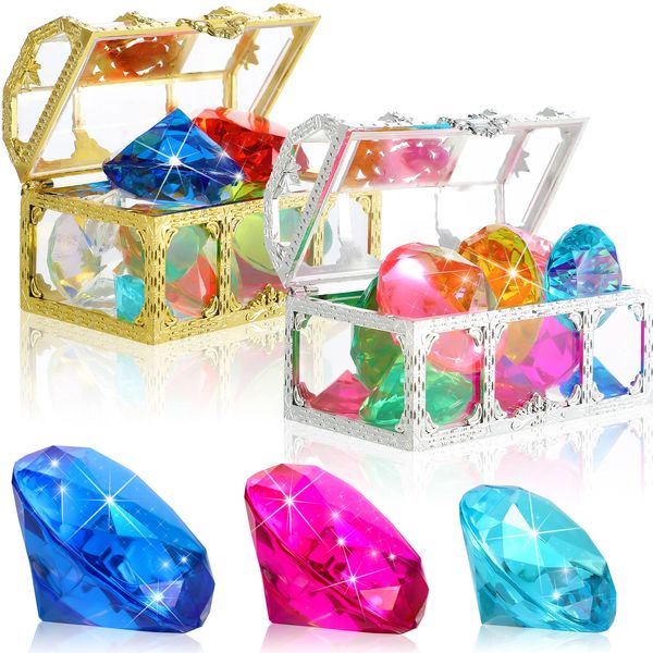 Skylety 24 Pcs Pool Toys for Kids Colorful Diving Gems Diamond with 2 Treasure Pirate Chest Mermaid Pool Toys for 8-12 Age Underwater Gemstone Swimming Training Gift Water Games(Classic Style)