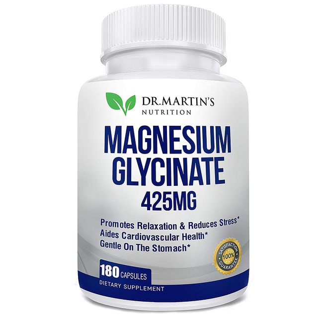 Premium Magnesium Glycinate 425mg - 180 Vegan Capsules - Helps with Stress Relief, Sleep, Muscle Cramps & Healthy Heart |