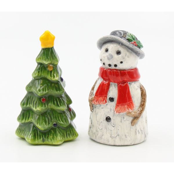 Fine Ceramic Snowman & Tree Salt and Pepper Shakers Set