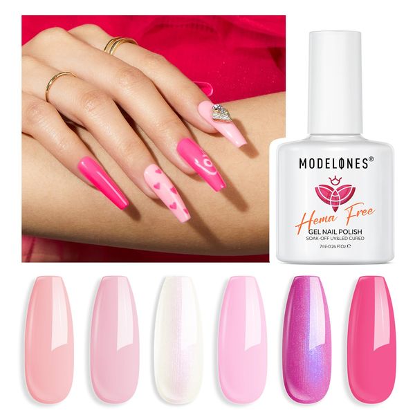 Modelones Smalti Semipermanenti Unghie Hema-free&TPO, 6 Colori Bianco Rosa Viola, Smalto Gel Unghie UV Gel French Manicure, 7ml