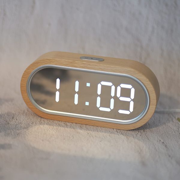 DEMI LOUS. Digital Clock Mirror, Wooden Frame, Mirror Surface, Alarm, Calendar Display, USB Power Supply, USB Port, Bedroom, LED, Adjustable Brightness, Stylish, Natural Modern, Simple, Stylish