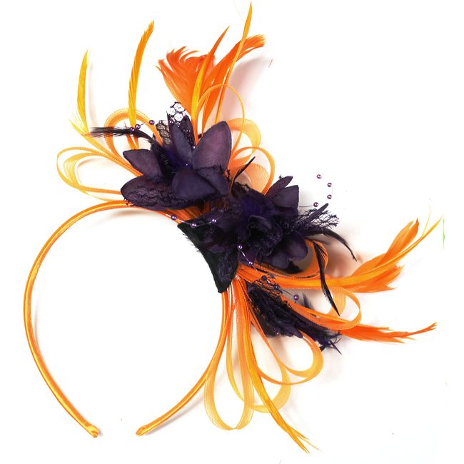 Caprilite Fashion Orange and Dark Purple Net Hoop Feather Hair Fascinator Headband Wedding Royal Ascot Races