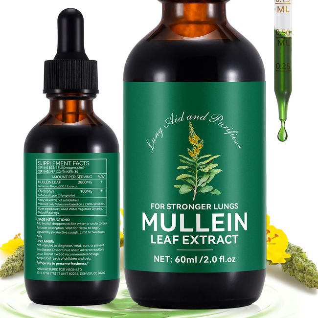 Mullein Leaf Extract for Lungs, 60ML Mullein Drops with Chlorophyll Drops Respiratory Support & Lung Cleanse for Immune and Respiratory Health Support