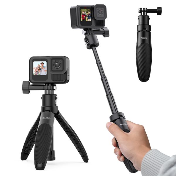 TELESIN Mini Quick Release Telescopic Selfie Stick Tripod for GoPro 13-5 Insta360 X4 X3 Pro DJI Action 5 Pro 3 4 Pocket 3 Accessories Compact Size Monopod Portable Adjustable Length Camera Tripod