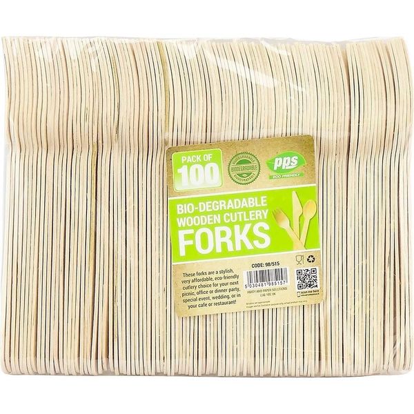 100 x Enviro Wooden Forks - Biodegradable Compostable Disposable Cutlery 100% Birchwood