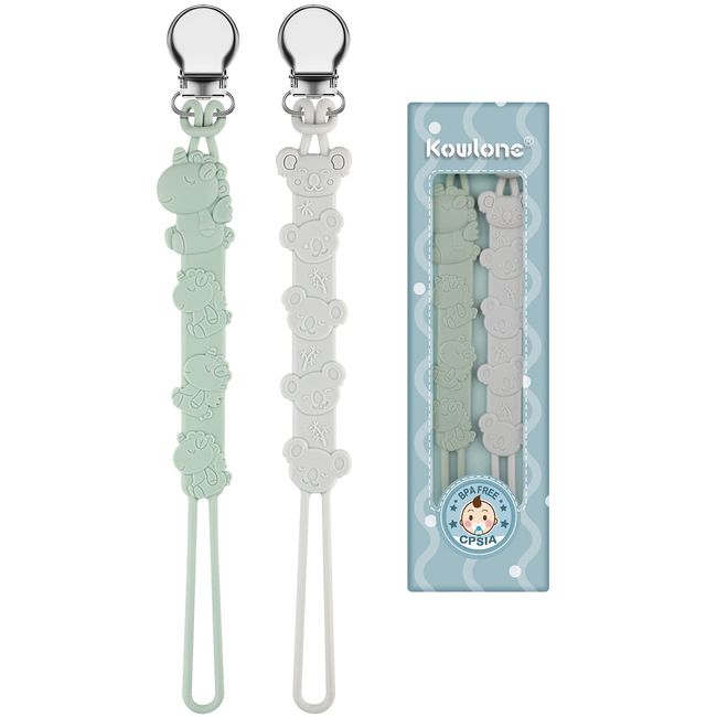 Kowlone Schnullerkette Junge mädchen Dummy Clips Schnuller Clips Halter für Babydusche 2-Pack(Grau,Grün)