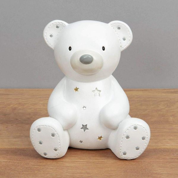 Widdop & Co. Bambino White Resin Money Box (12 x 11 x 9cm) - Teddy Bear with Crystal Stars - Baby Gift for Christening, Baby Shower