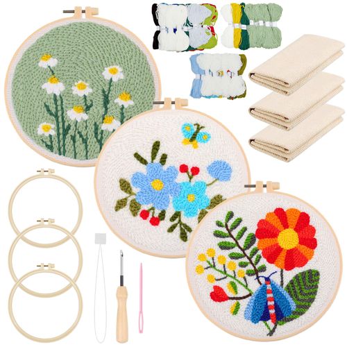 Allazone 3 Set Punch Needle Kits, Flower Punch Needle Embroidery Starter Kits, Punch Needle Tool Threader Fabric Embroidery Hoop, Yarn and Punch Needle