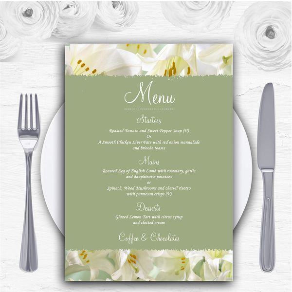White and Green Calla Lily Personalised Wedding Menu Cards