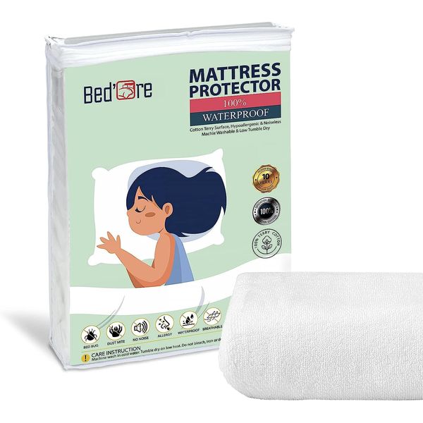 Bed'Ore 100% Waterproof Mattress Protector Cotton Terry Top - Mattress Protector Double Bed - Machine Washable - Deep 30 CM Stretch Skirt - Double Mattress Protector (137x190+30) cm