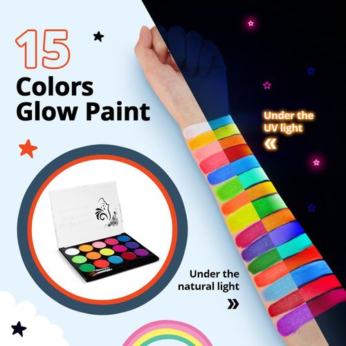 Skymore Children's Make-Up Set, UV Body Painting Colours, Fluorescence Face Paint, 15 Colours, Theatre Make-Up, Carnival Make-Up for Children, Children's Make-Up, Water-Based, Children's Make-Up Set