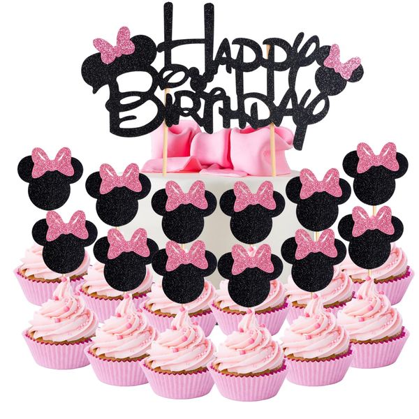 Wootkey Glitter Mouse Inspired Cupcake Toppers with Bow Black and Pink Happy Birthday Cake Topper Cupcake Picks 25Pcs Birthday Party Favors Cake Decorations Supplies