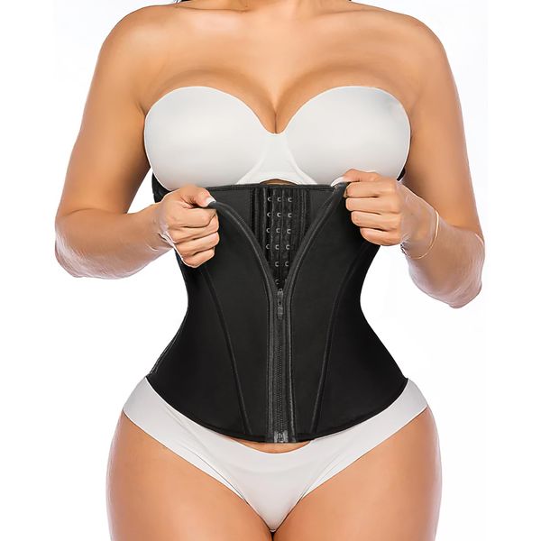 YIANNA Waist Trainer for Women Latex Underbust Tummy Control Waist Cincher Corset Hourglass Body Shaper Zipper and Hooks,YA2231-Black-M