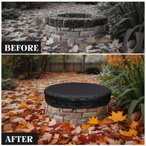 Round Fire Pit Cover 51-56 "Heavy Duty 600D Oxford Waterproof Outdoor Firepit Cover with Adjustable Buckle Strap for In-Ground Built-In Stone/Gas Fire Pits, Black (BLACK, 56)