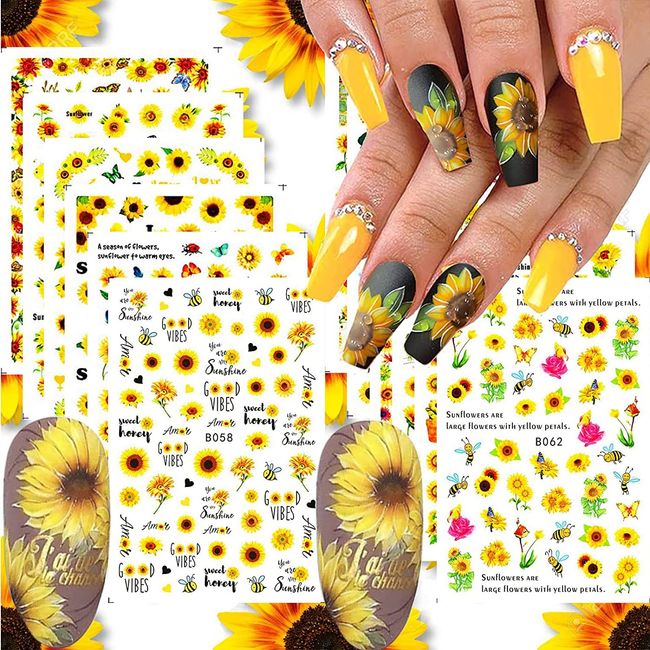 LANODO 12 Pcs Nail Stickers 3D Multiple Styles Sunflower DIY Nail Stickers Set Beautiful Plants