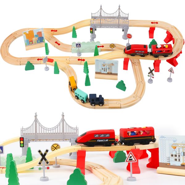 Wdmiya Wooden Train Set for Toddlers, 72 Pcs Wooden Train Track for Kids, Train Toy with Bridge and Tracks (Fits Thomas & Brio), Christmas Birthday Trains Gift for 2 3 4 5 6 7 8 Years Old