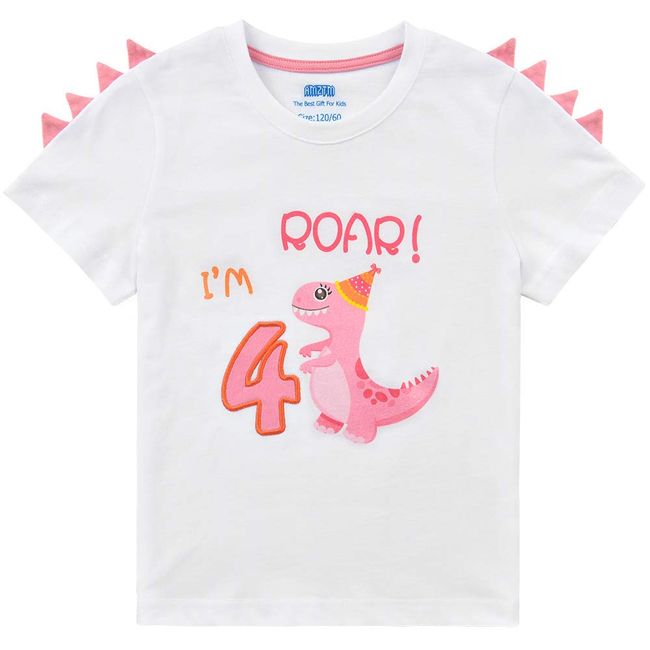 4th Birthday Girl T-Shirt Dinosaur Party B-Day Themed Tee Gift for Toddler 4 Years Old 100% Cotton Embroidery Top Short Sleeve t White