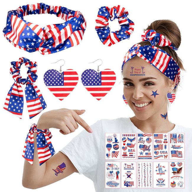 Whaline 15pcs 4th of July Accessories Kit Patriotic American Flag Headband Hair Band Hair Scrunchies Earrings Temporary Tattoos Independence Day Gift Set for Women Girls