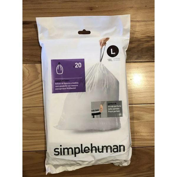 Code L 20 Ct SIMPLEHUMAN Custom Fit Trash Bags Can Liners Refill Size White Pack