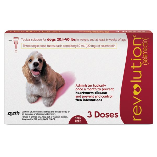 Revolution (selamectin) Topical Solution for Dogs, 20.1-40 lbs (Red), 3 Tubes