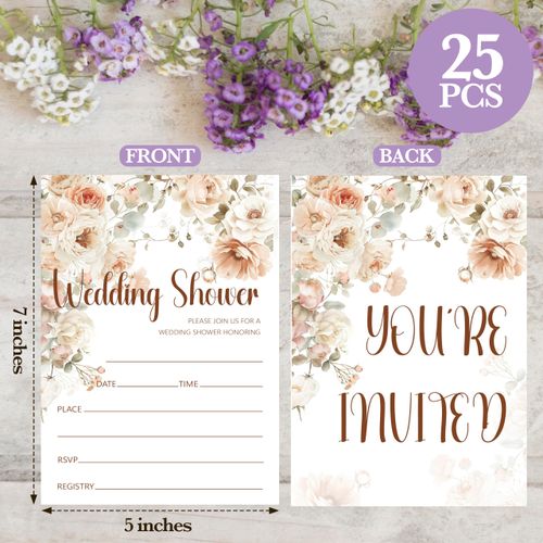 Boho Flowers Wedding Invitation Cards, Floral Invites For Bridal Shower Party, Set Of 25 Bridal Shower Invitations With Envelopes For Engagement Bachelorette Party Favor, Wedding Planning Supplies, 04
