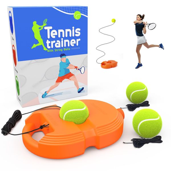 CHEGIF Tennis Trainer Rebound Ball with 3 String Balls, Solo Tennis Training Equipment,Portable Tennis Practice Training Tools for Adults, Kids, Beginners Sport Exercise-Orange