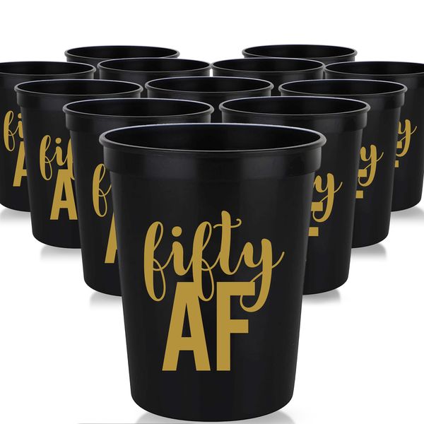 50th Birthday Cups, Fifty AF, 50 AF, 50th Birthday Party Cups Set of 12 16oz Cups, 50th Birthday Stadium Cups, Perfect for Birthday Parties, Birthday Decorations (Black)