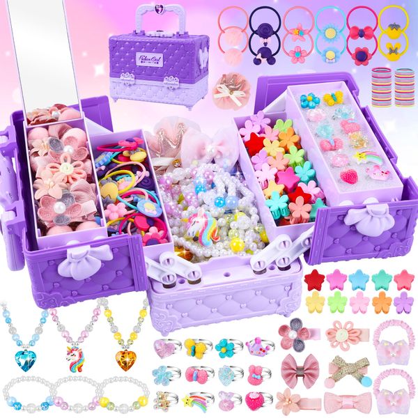 Jewelry Toys for Girls, 172Pcs Jewel Rings, Necklaces, Bracelets, Hair Ties, Hair Clips, Princess Dress Up Toys Pretend Play Jewelry Set, Gift Toys for Age 3 4 5 6 7 8 9+ Girls Kids Toddlers