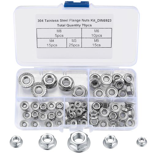 70 Pcs Hex Nuts, Lock Nuts with Flange Self-Locking, Flange Nuts with Serrations, Stop Nuts with Flange DIN 6923 Stainless Steel, M3 M4 M5 M6 M8
