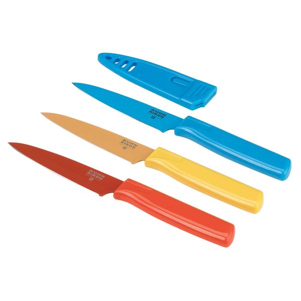 Kuhn Rikon Straight Paring Knife with Safety Sheath, 4 inch/10.16 cm Blade, Red, Yellow & Blue (Pack of 1)