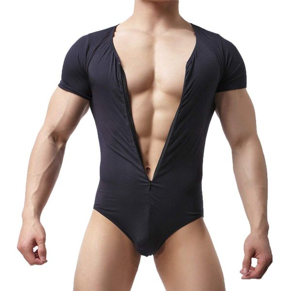 CSMARTE Men's One-Piece Boxers Leotard Soft Bodysuit Shorts Stretch Underwear Sportswear Jumpsuit (Black, XL)